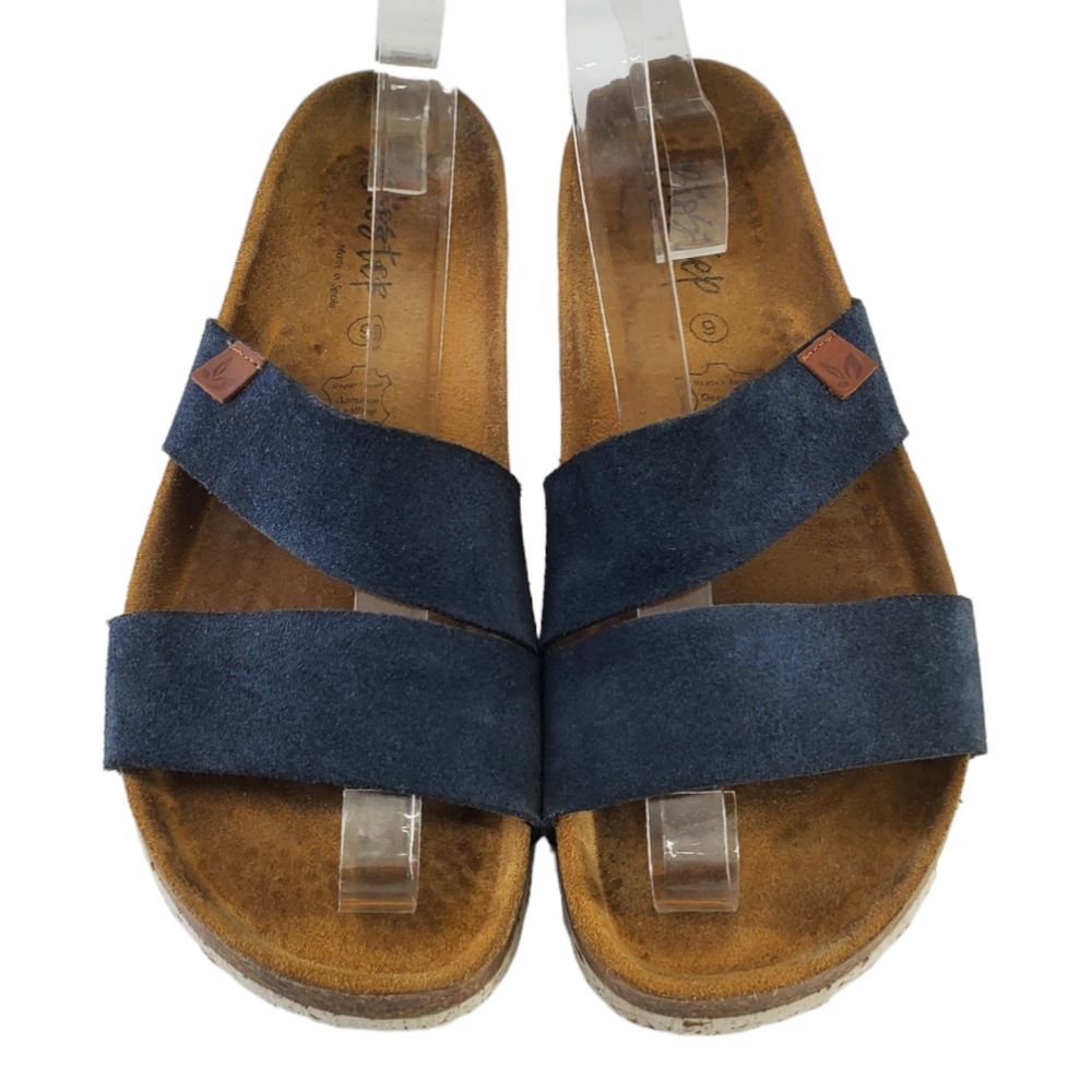 BioStep Suede Leather Double Strap Slip On Sandal Slides Blue Made in Spain Sz 9